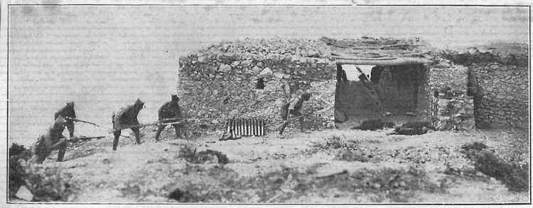 Una compañía de la Sexta Bandera del Tercio entrando al arma blanca en una casa en que los rifeños tenían emplazada una pieza de artillería (Revista La Esfera).