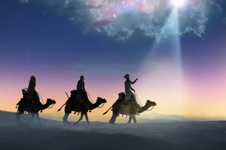 Christian Christmas scene with the three wise men and shining star, 3d 

render